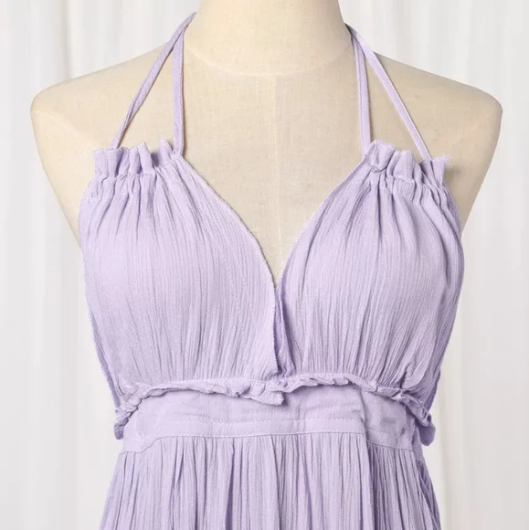 Lilac Layered Mesh Skirt Backless Halter Boho Beach Mini Dress - Picture 6 of 16